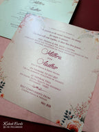 KLB726 Dulha Dulhan Floral Design Pink Color Embossed Hardboard Padding Thick Wedding Card (2 Page & Couple Name Acrylic)