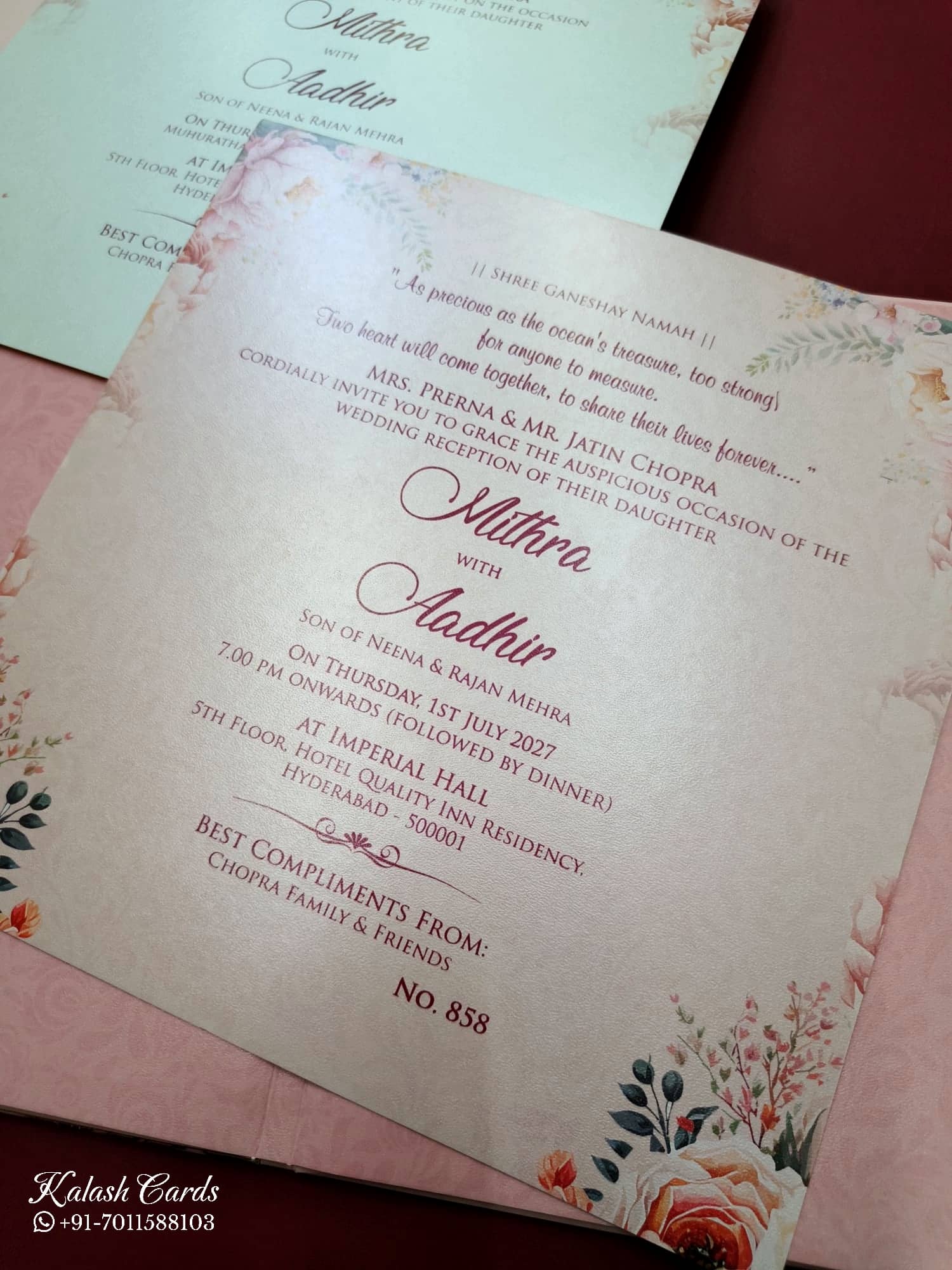 KLB726 Dulha Dulhan Floral Design Pink Color Embossed Hardboard Padding Thick Wedding Card (2 Page & Couple Name Acrylic)
