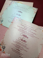 KLB726 Dulha Dulhan Floral Design Pink Color Embossed Hardboard Padding Thick Wedding Card (2 Page & Couple Name Acrylic)