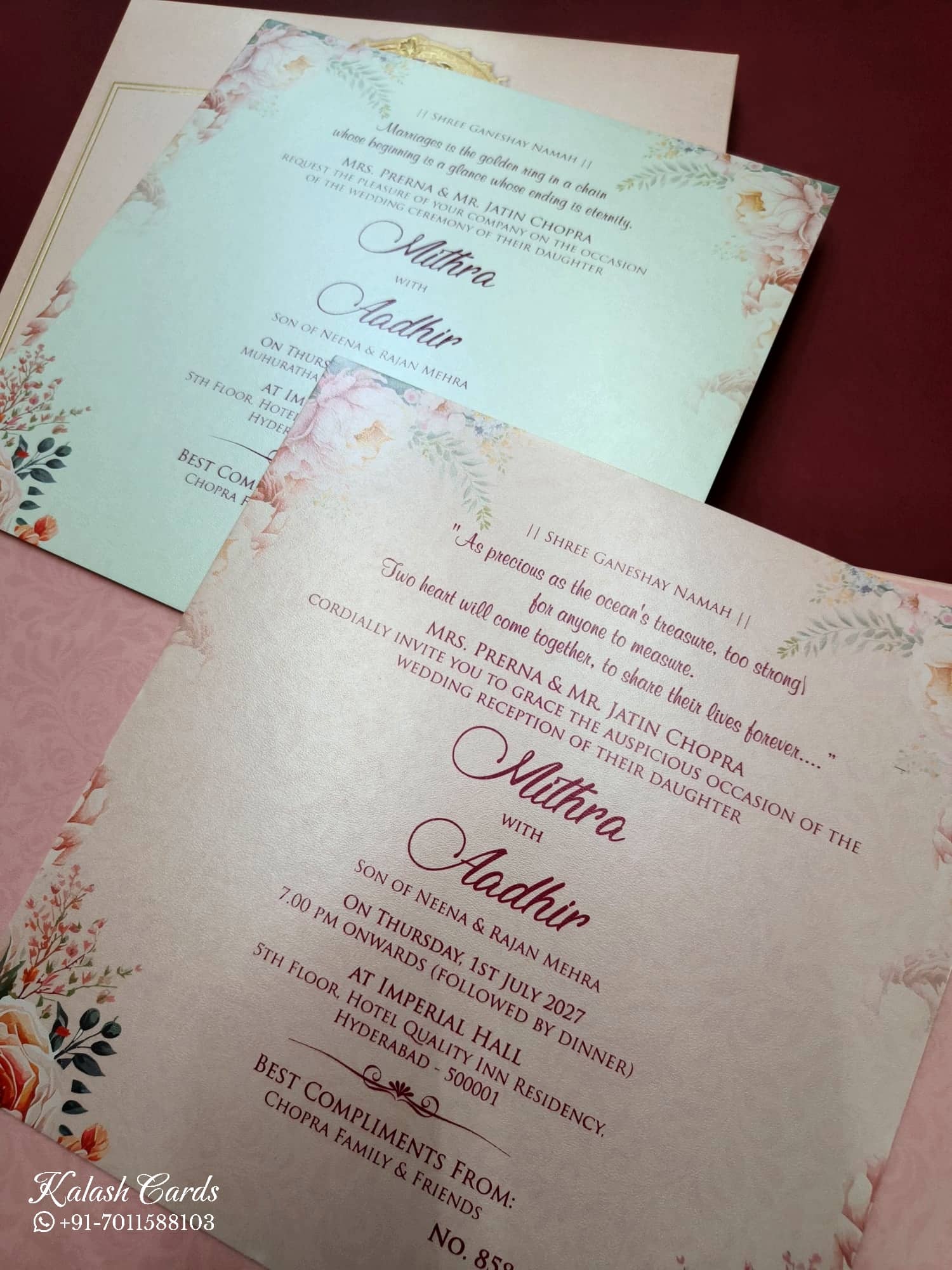 KLB726 Dulha Dulhan Floral Design Pink Color Embossed Hardboard Padding Thick Wedding Card (2 Page & Couple Name Acrylic)