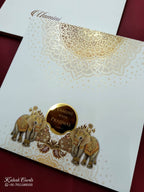 KLB727 Elephant Design Creme Color Hardboard Padding Thick Wedding Card (2 Page & Couple Name Acrylic)