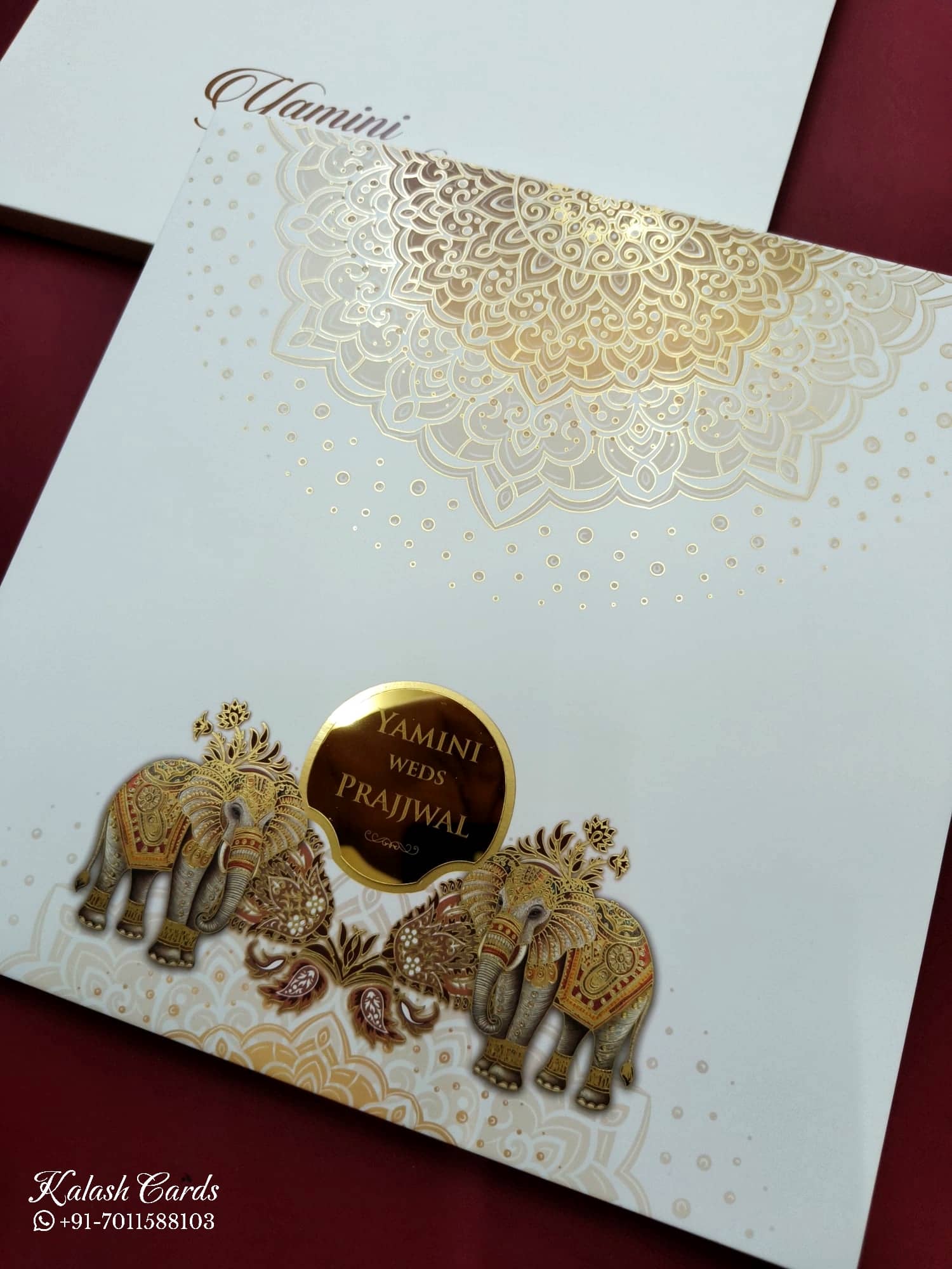 KLB727 Elephant Design Creme Color Hardboard Padding Thick Wedding Card (2 Page & Couple Name Acrylic)