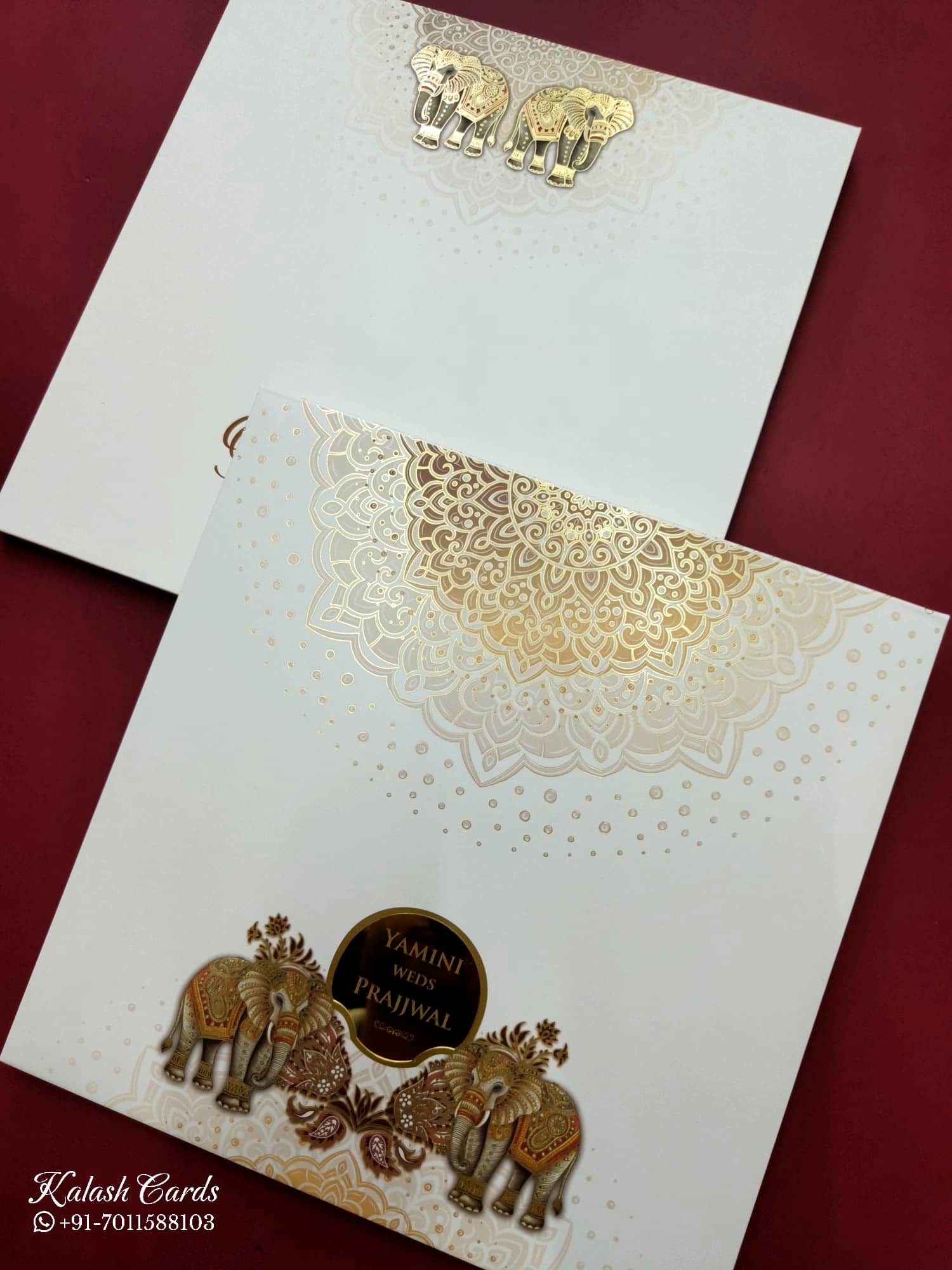 KLB727 Elephant Design Creme Color Hardboard Padding Thick Wedding Card (2 Page & Couple Name Acrylic)
