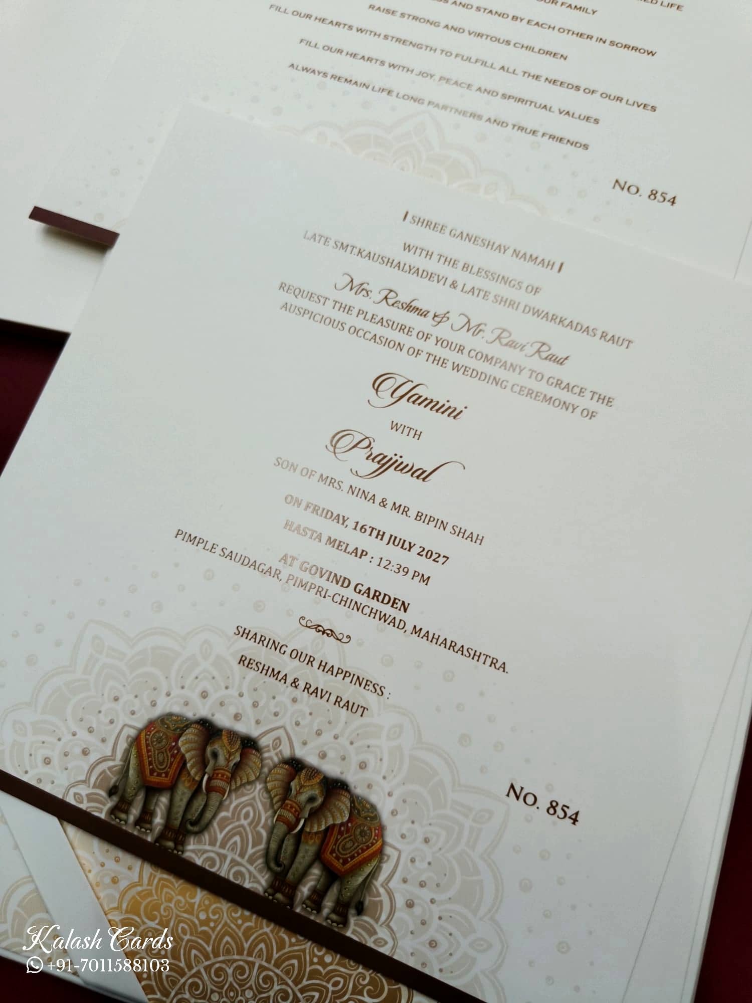 KLB727 Elephant Design Creme Color Hardboard Padding Thick Wedding Card (2 Page & Couple Name Acrylic)
