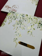 KLB728 Floral Design White Green Color Hardboard Padding Thick Wedding Card (2 Page & Couple Name Acrylic)