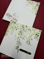 KLB728 Floral Design White Green Color Hardboard Padding Thick Wedding Card (2 Page & Couple Name Acrylic)