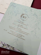 KLB728 Floral Design White Green Color Hardboard Padding Thick Wedding Card (2 Page & Couple Name Acrylic)