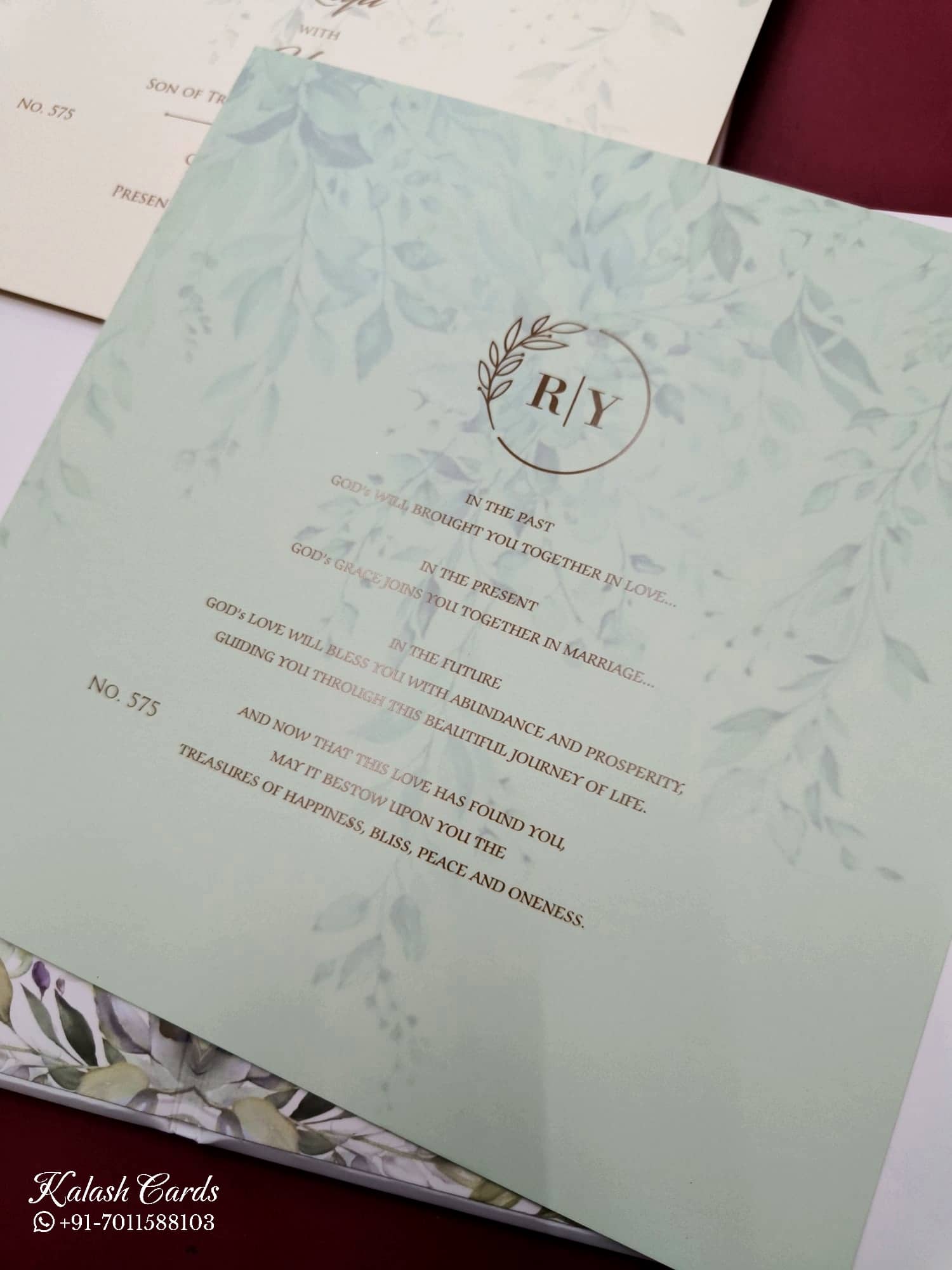 KLB728 Floral Design White Green Color Hardboard Padding Thick Wedding Card (2 Page & Couple Name Acrylic)