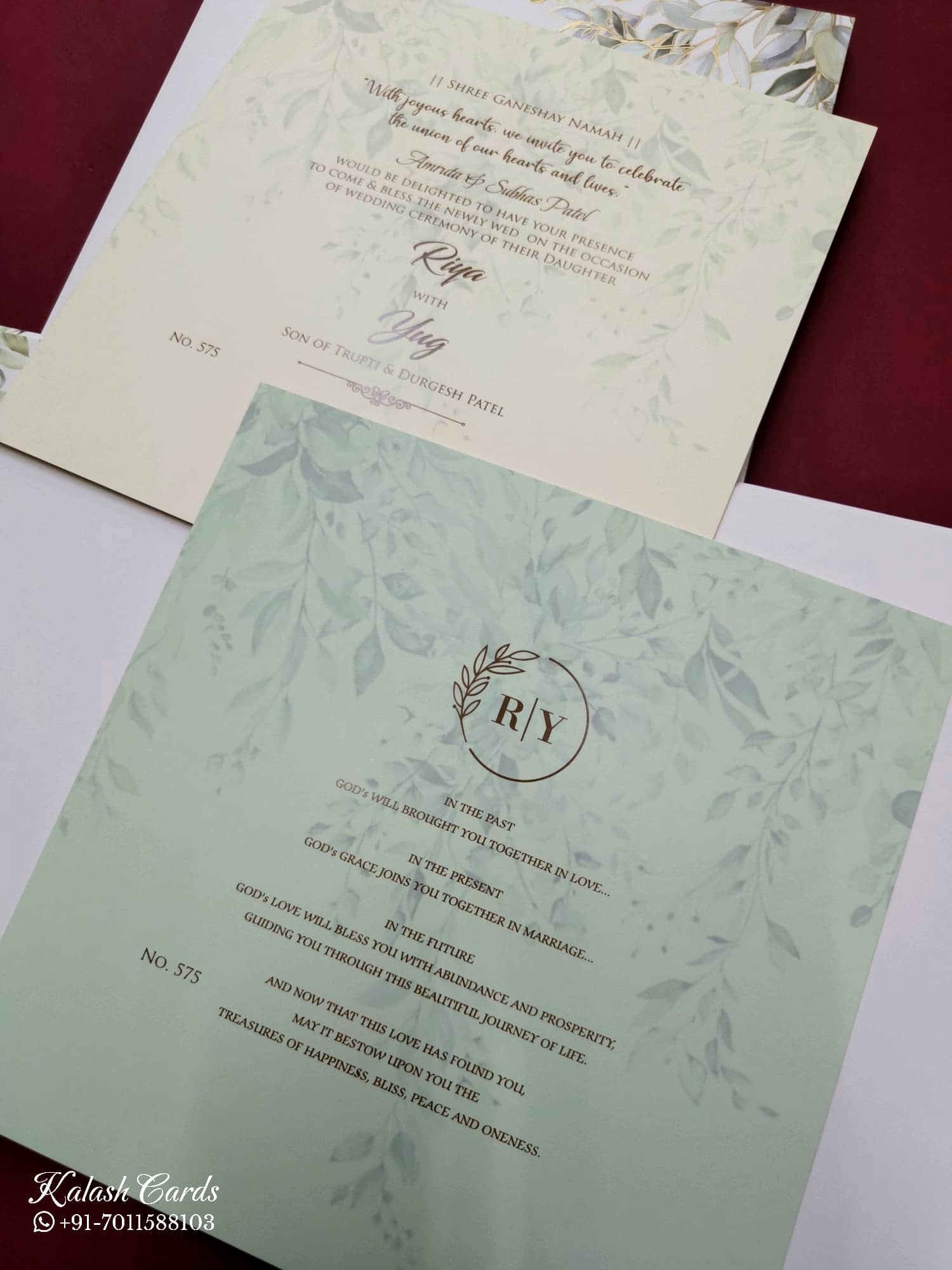 KLB728 Floral Design White Green Color Hardboard Padding Thick Wedding Card (2 Page & Couple Name Acrylic)