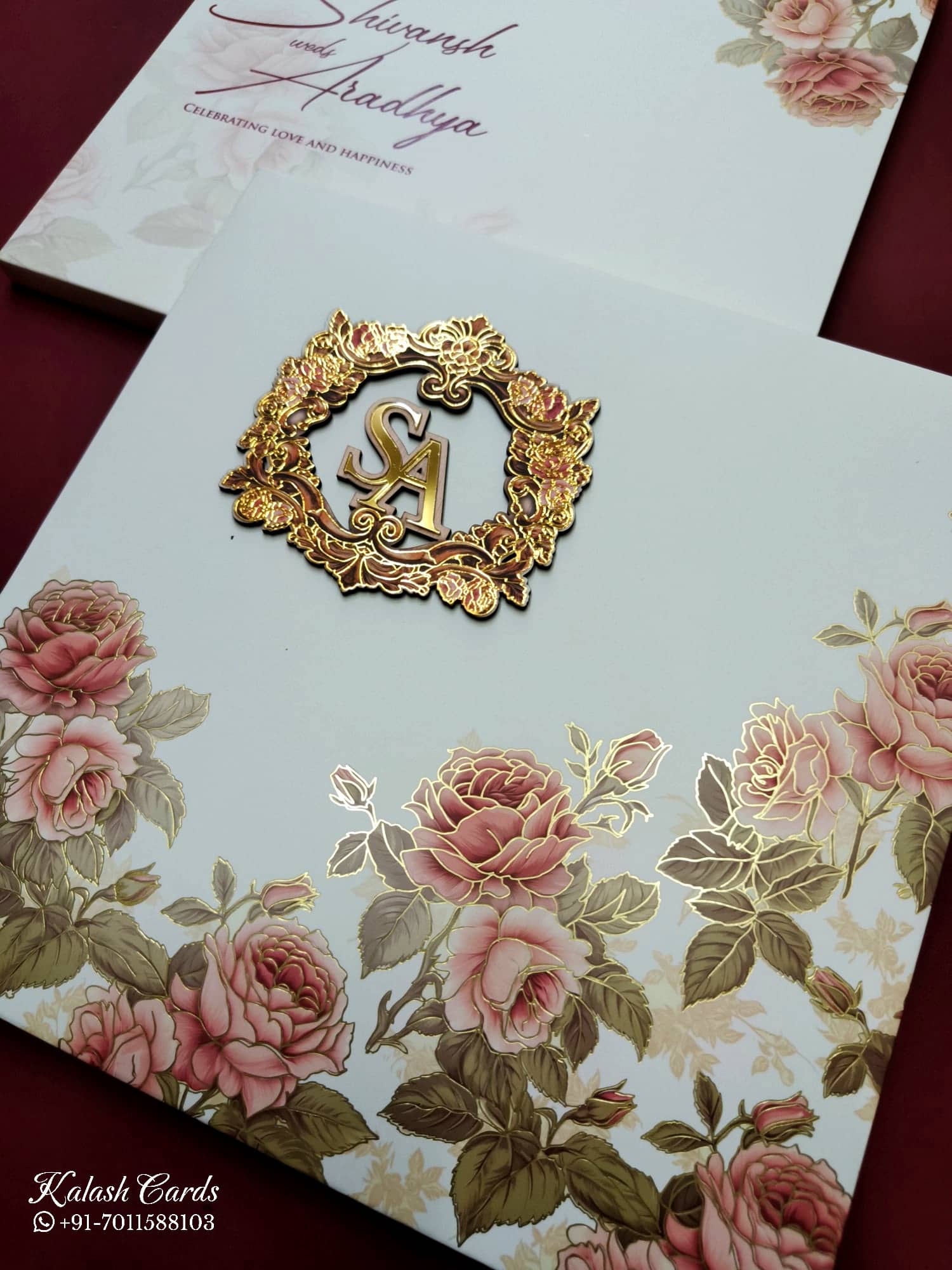 KLB729 Rose Floral Design Creme Color Hardboard Padding Thick Wedding Card (2 Page & Couple Initial Acrylic)