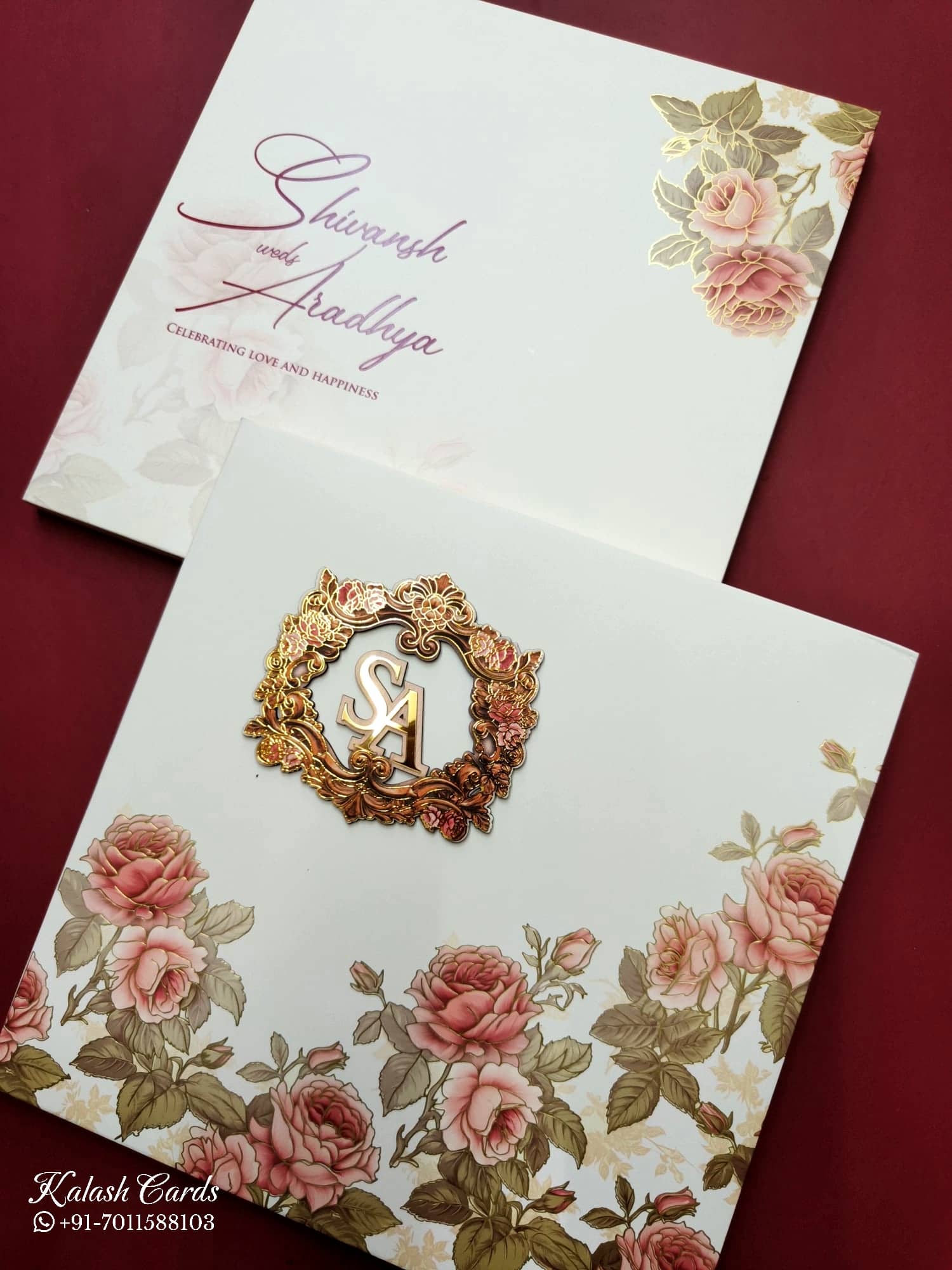 KLB729 Rose Floral Design Creme Color Hardboard Padding Thick Wedding Card (2 Page & Couple Initial Acrylic)