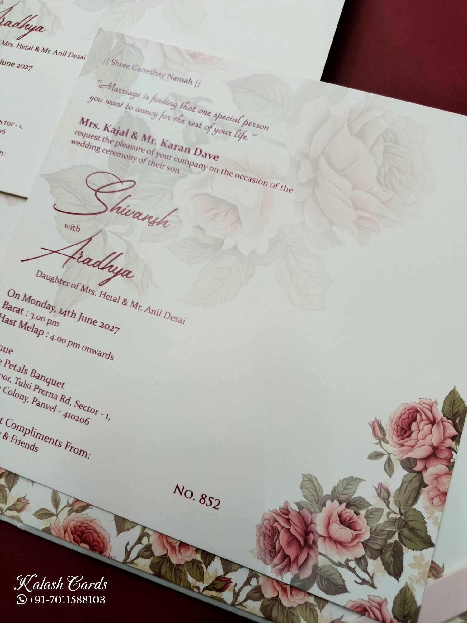 KLB729 Rose Floral Design Creme Color Hardboard Padding Thick Wedding Card (2 Page & Couple Initial Acrylic)