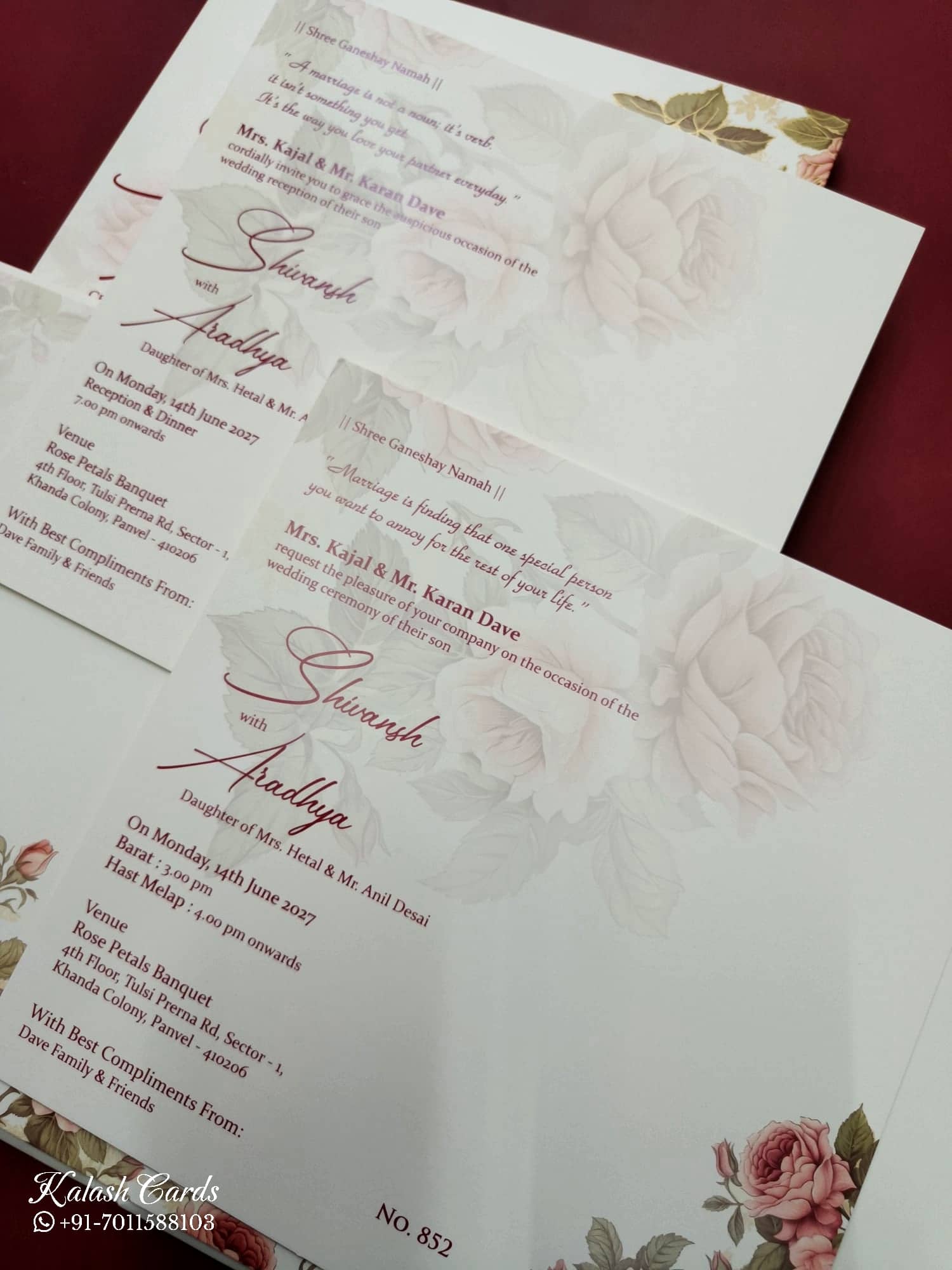 KLB729 Rose Floral Design Creme Color Hardboard Padding Thick Wedding Card (2 Page & Couple Initial Acrylic)