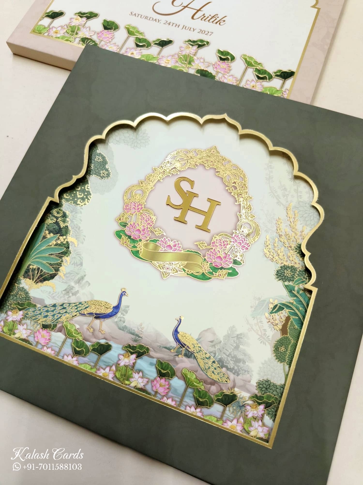 KLB730 Lotus Peacock Design Green Color Laser Cut Hardboard Padding Thick Wedding Card (2 Page & Couple Initial Acrylic)