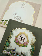KLB730 Lotus Peacock Design Green Color Laser Cut Hardboard Padding Thick Wedding Card (2 Page & Couple Initial Acrylic)