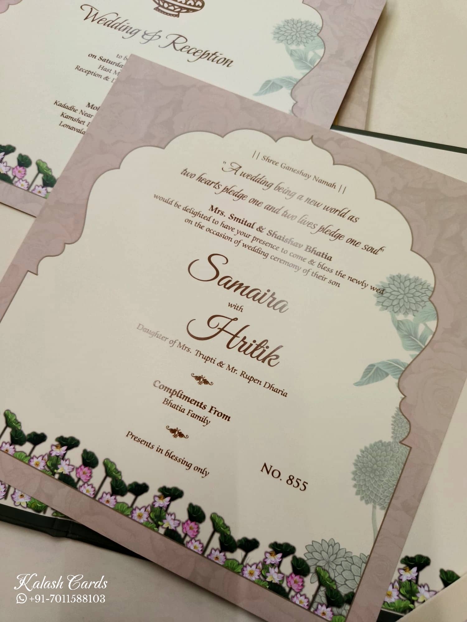 KLB730 Lotus Peacock Design Green Color Laser Cut Hardboard Padding Thick Wedding Card (2 Page & Couple Initial Acrylic)