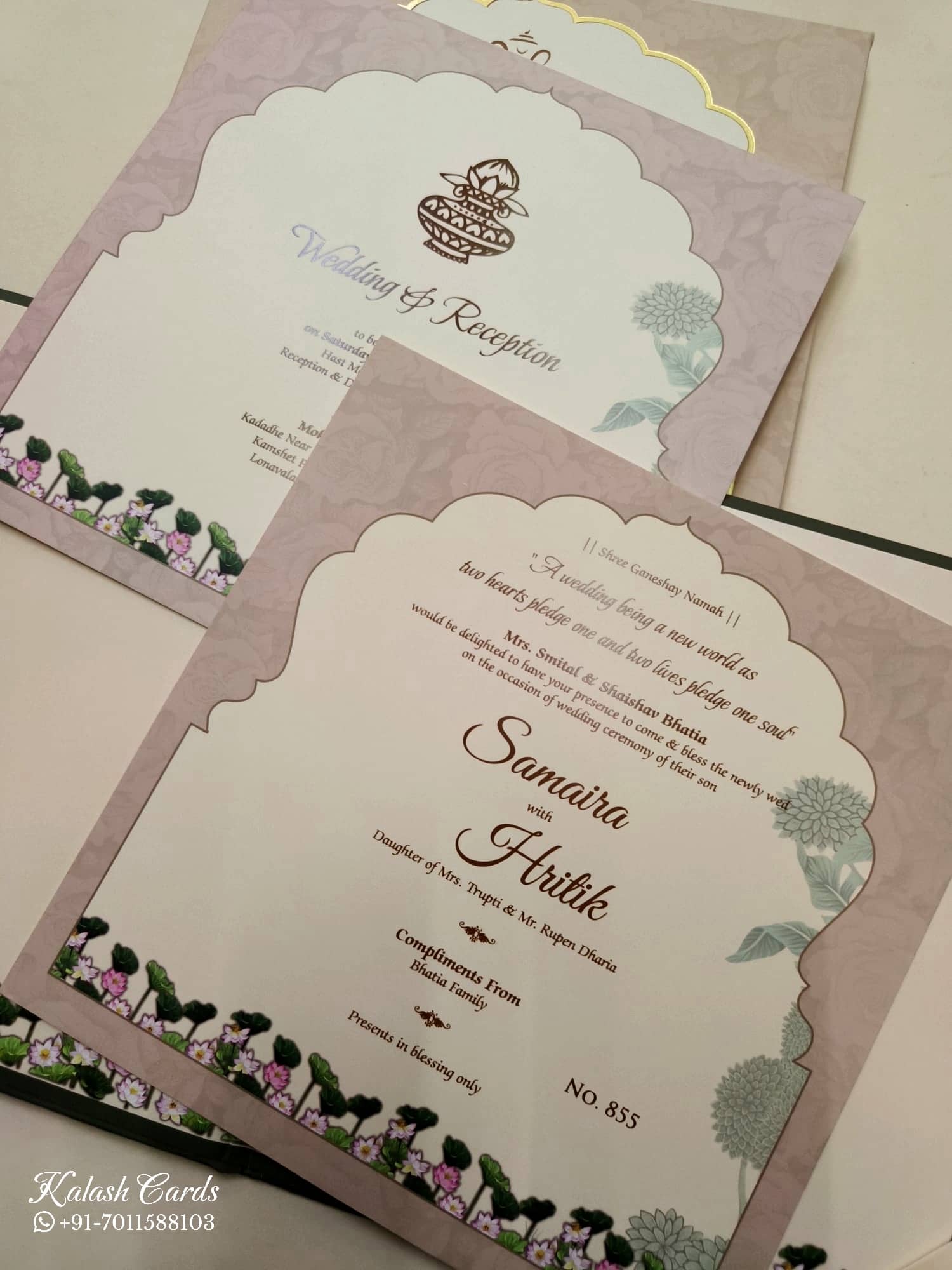 KLB730 Lotus Peacock Design Green Color Laser Cut Hardboard Padding Thick Wedding Card (2 Page & Couple Initial Acrylic)