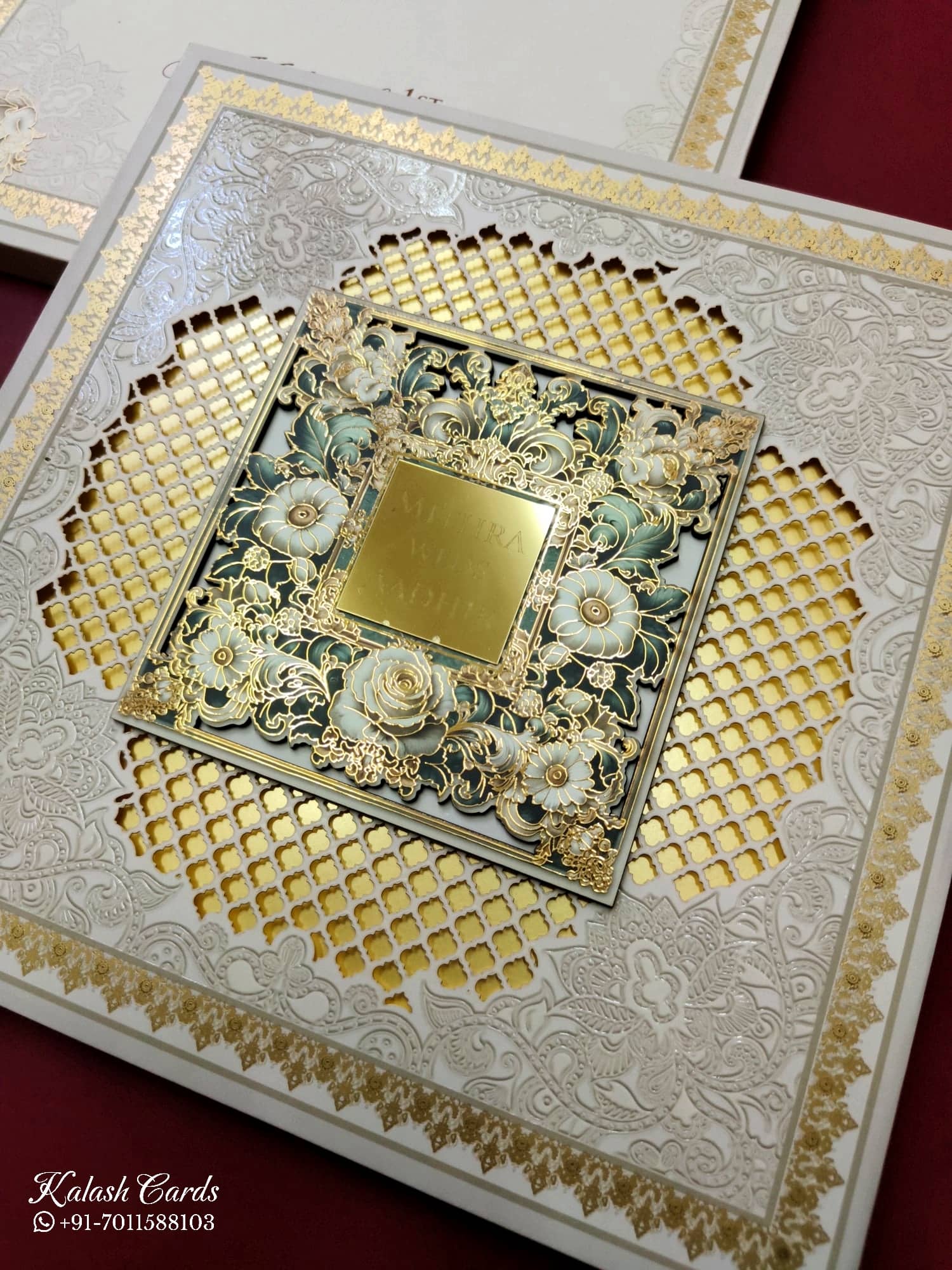 KLB731 Floral Design Creme Golden Color Laser Cut Hardboard Padding Thick Wedding Card (2 Page & Couple Name Acrylic)