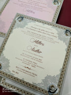 KLB731 Floral Design Creme Golden Color Laser Cut Hardboard Padding Thick Wedding Card (2 Page & Couple Name Acrylic)