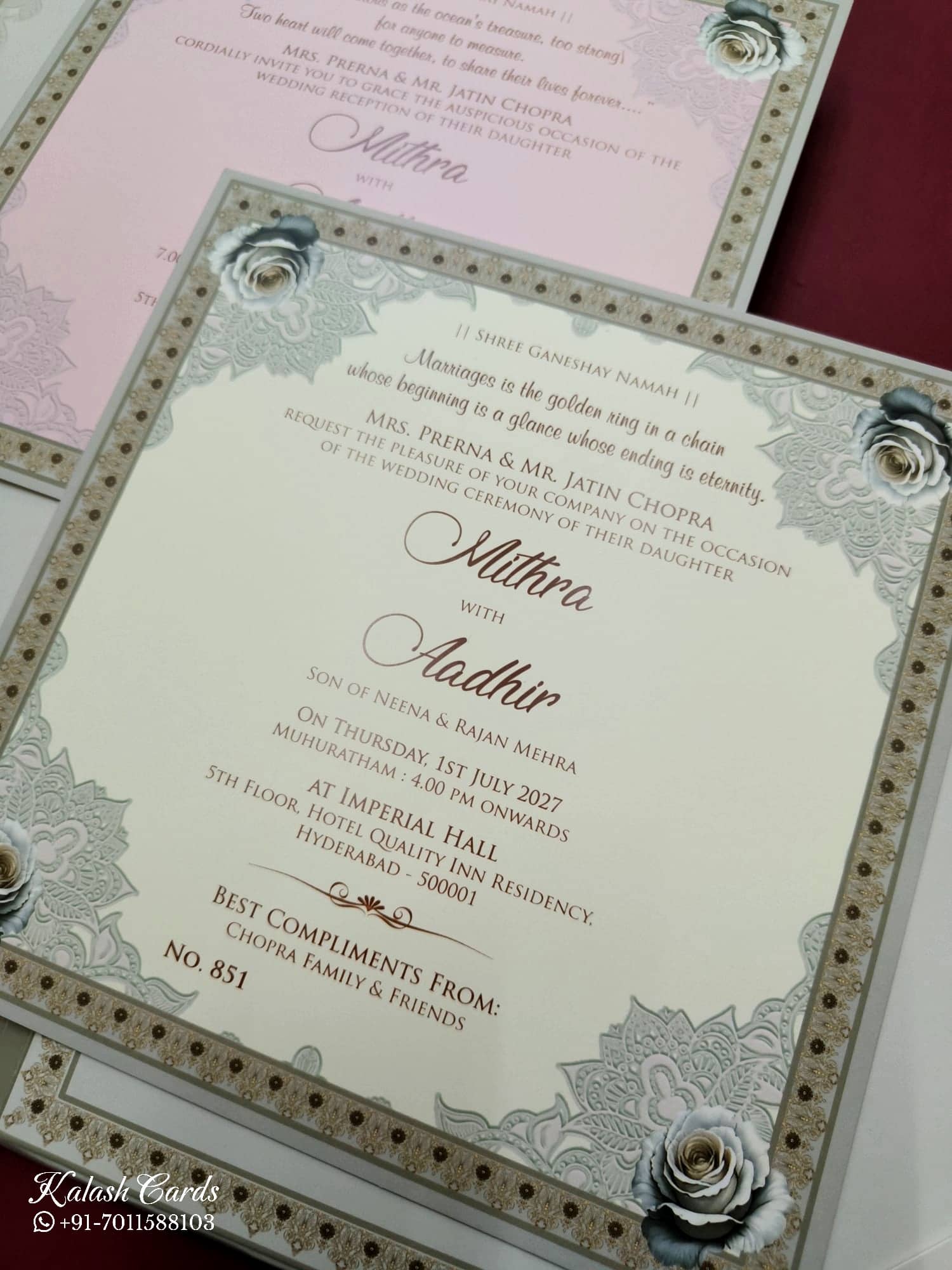 KLB731 Floral Design Creme Golden Color Laser Cut Hardboard Padding Thick Wedding Card (2 Page & Couple Name Acrylic)