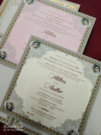 KLB731 Floral Design Creme Golden Color Laser Cut Hardboard Padding Thick Wedding Card (2 Page & Couple Name Acrylic)