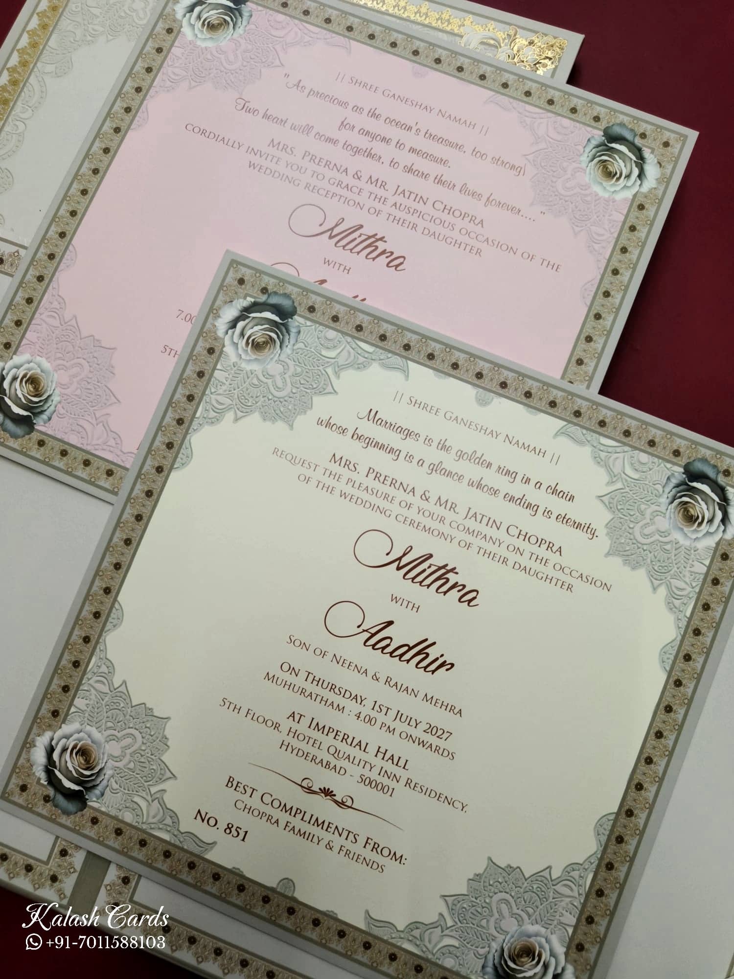 KLB731 Floral Design Creme Golden Color Laser Cut Hardboard Padding Thick Wedding Card (2 Page & Couple Name Acrylic)