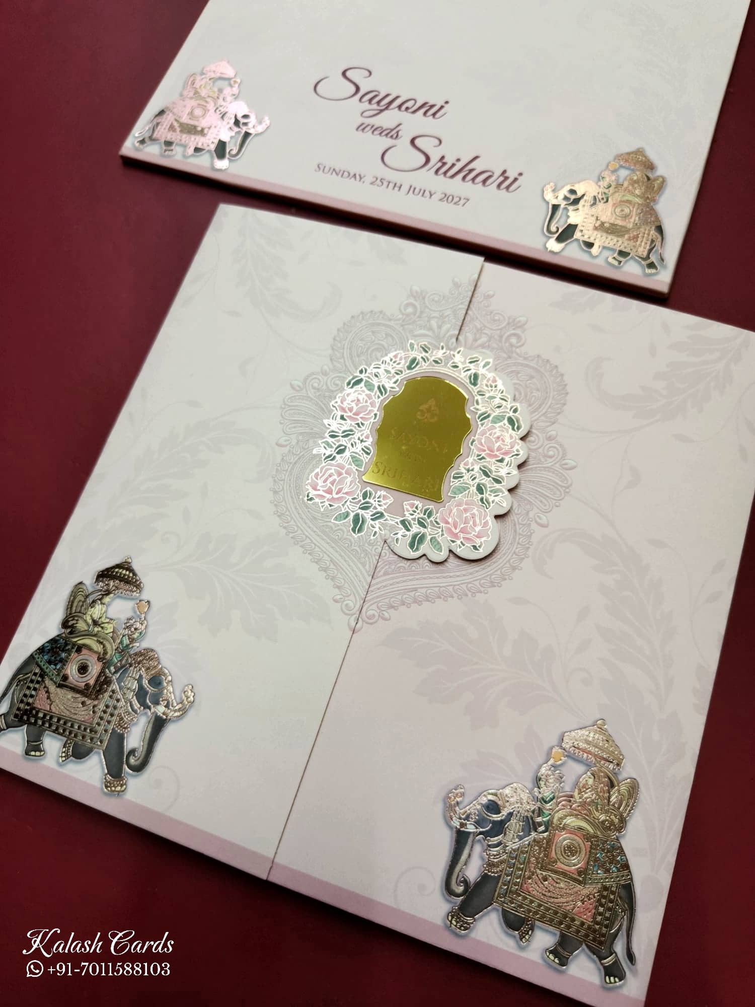 KLB732 Elephant Design Pink Color Double Door Style Semi Box Wedding Card (2 Page & Couple Name Acrylic)