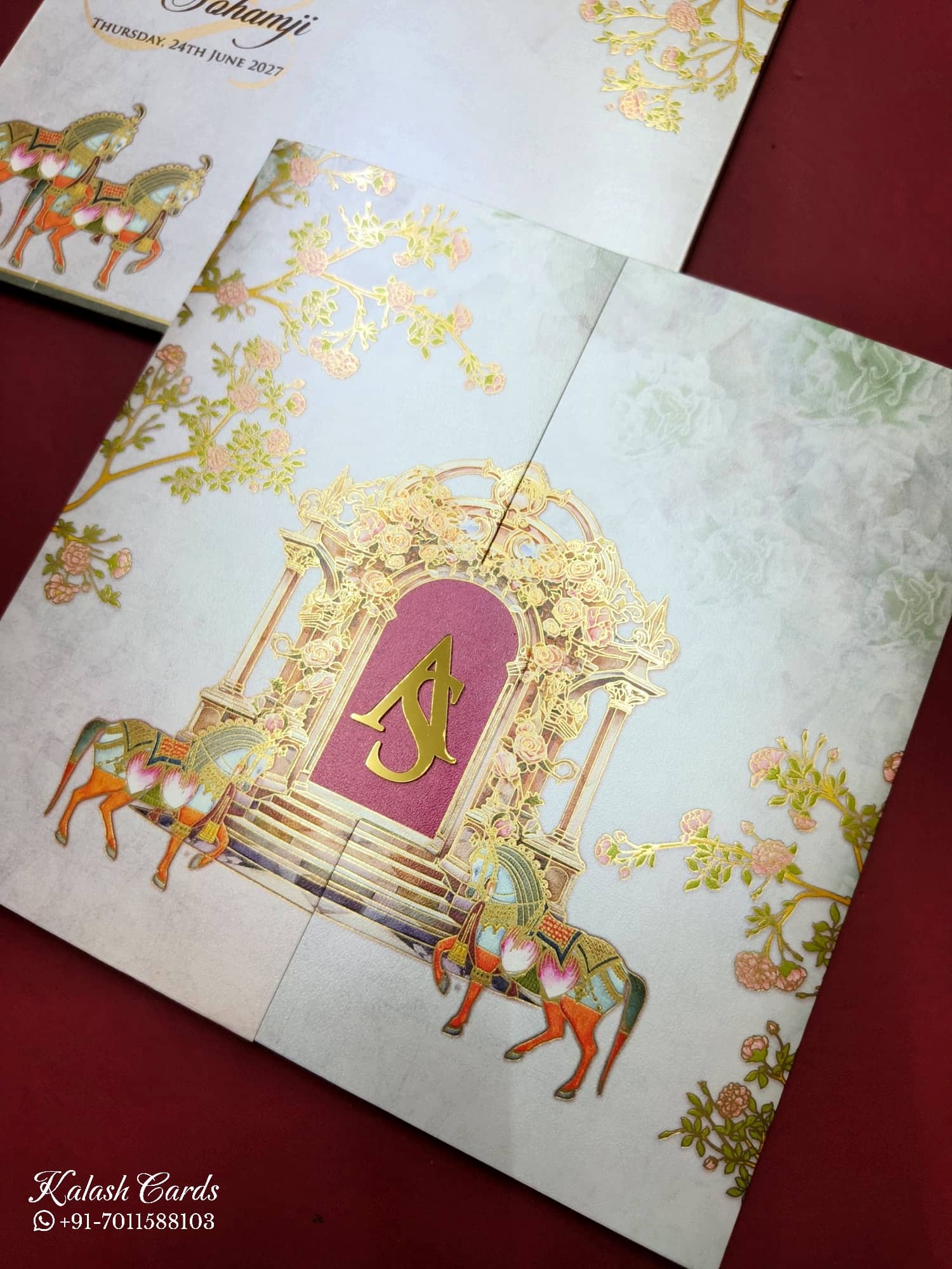 KLB733 Ghodi Design Pink Color Double Door Style Semi Box Wedding Card (2 Page & Couple Initial Acrylic)