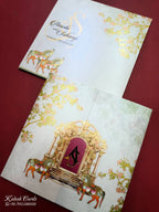 KLB733 Ghodi Design Pink Color Double Door Style Semi Box Wedding Card (2 Page & Couple Initial Acrylic)