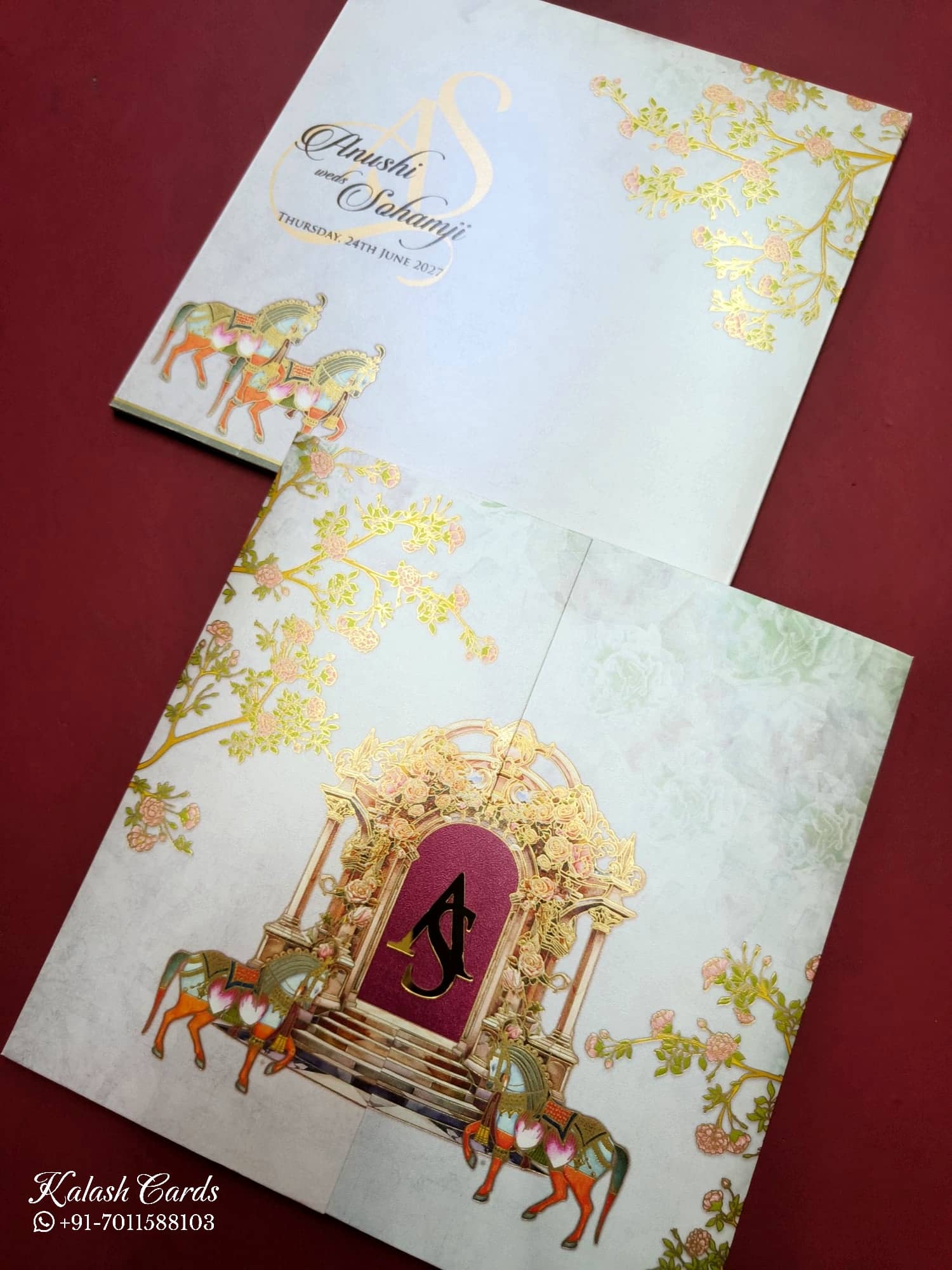 KLB733 Ghodi Design Pink Color Double Door Style Semi Box Wedding Card (2 Page & Couple Initial Acrylic)