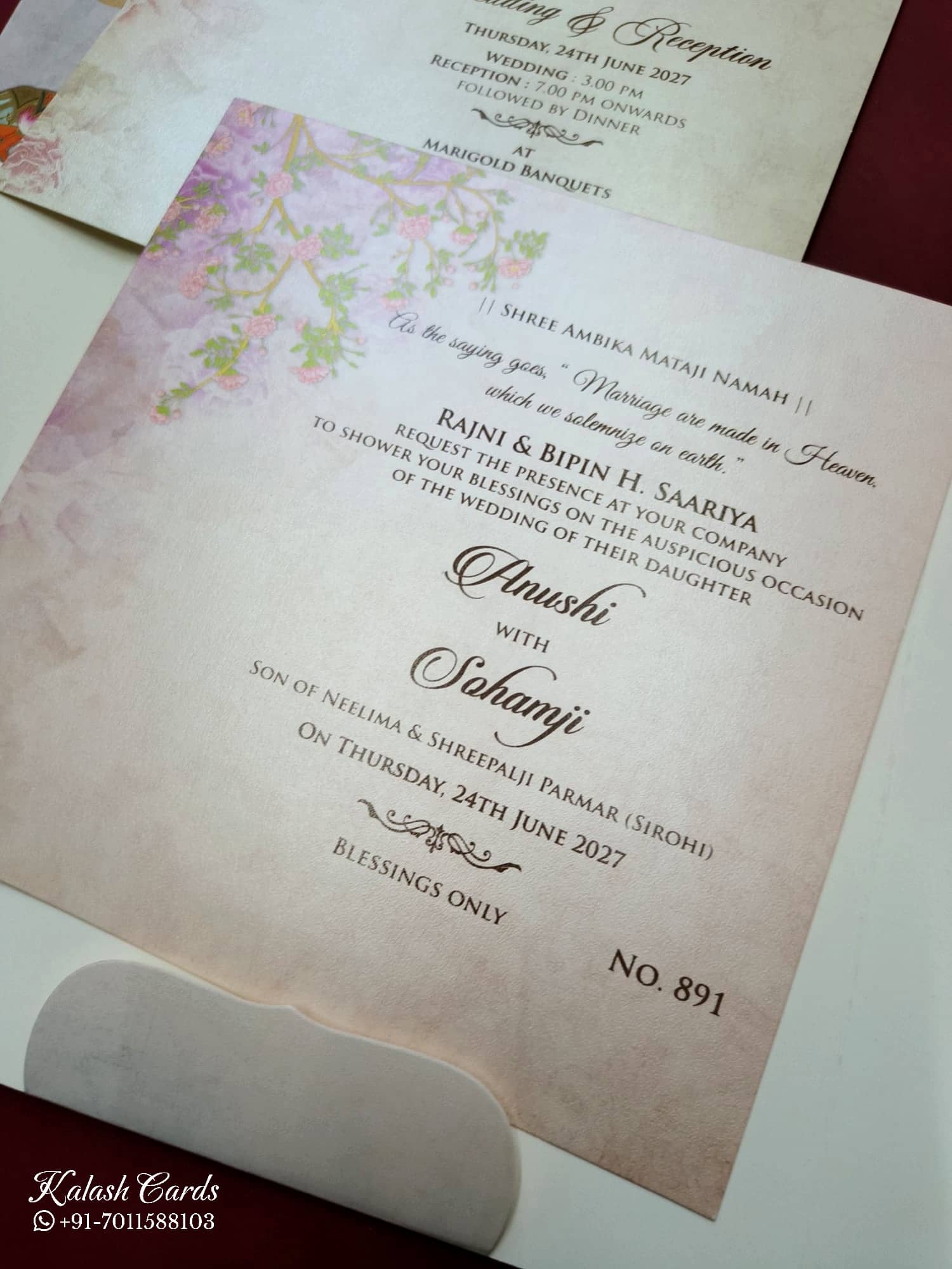 KLB733 Ghodi Design Pink Color Double Door Style Semi Box Wedding Card (2 Page & Couple Initial Acrylic)