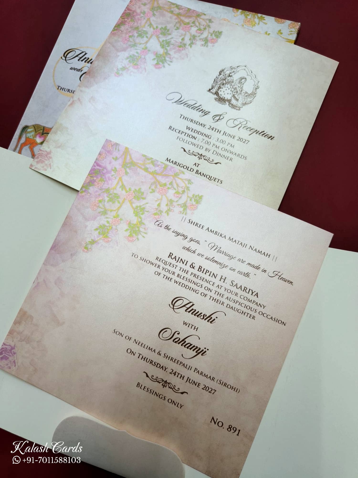 KLB733 Ghodi Design Pink Color Double Door Style Semi Box Wedding Card (2 Page & Couple Initial Acrylic)