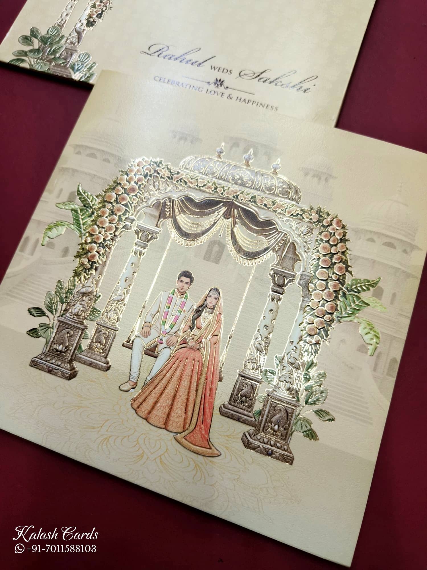 KLB734 Dulha Dulhan Mandap Design Creme Color Embossed Semi Box Wedding Card (2 Page)