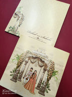 KLB734 Dulha Dulhan Mandap Design Creme Color Embossed Semi Box Wedding Card (2 Page)