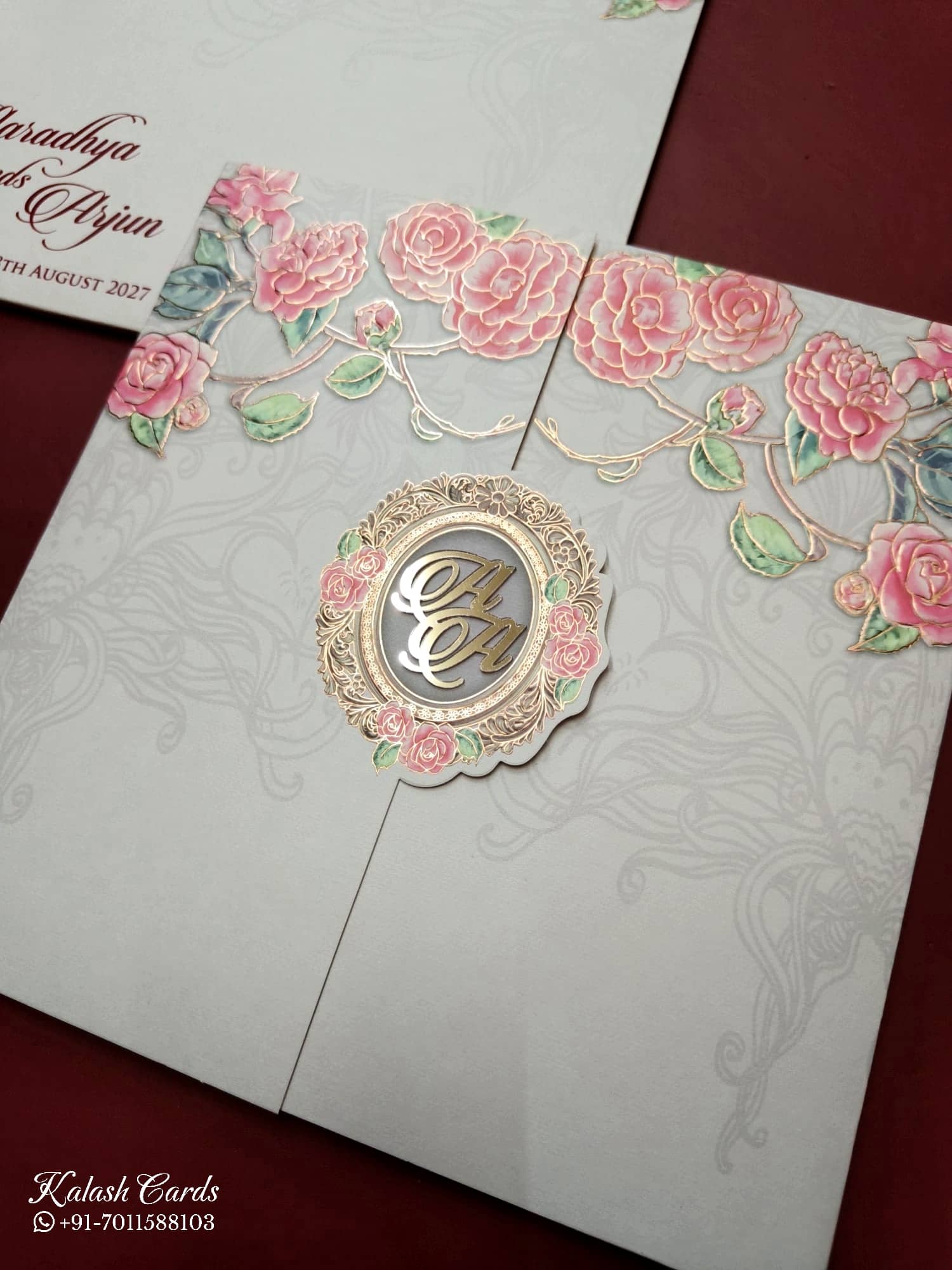KLB735 Rose Floral Design Brown Color Double Door Style Semi Box Wedding Card (2 Page & Couple Initial Acrylic)