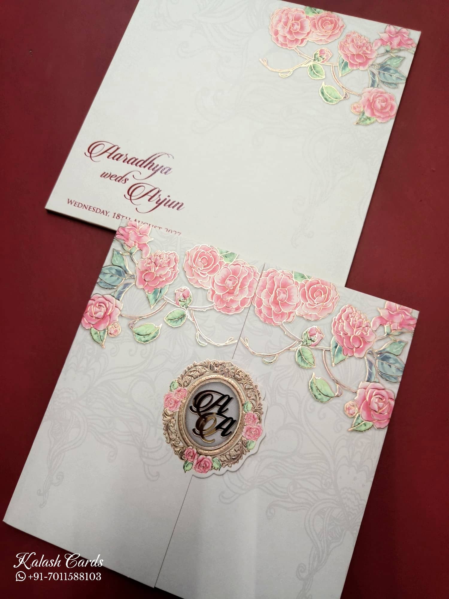 KLB735 Rose Floral Design Brown Color Double Door Style Semi Box Wedding Card (2 Page & Couple Initial Acrylic)