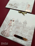 KLB736 Dulha Dulhan Royal Fort Design Creme Color Semi Box Wedding Card (2 Page & Couple Name Acrylic)