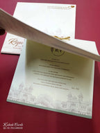 KLB736 Dulha Dulhan Royal Fort Design Creme Color Semi Box Wedding Card (2 Page & Couple Name Acrylic)