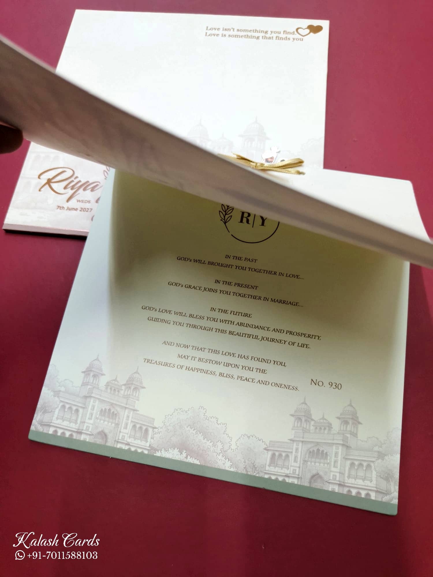 KLB736 Dulha Dulhan Royal Fort Design Creme Color Semi Box Wedding Card (2 Page & Couple Name Acrylic)