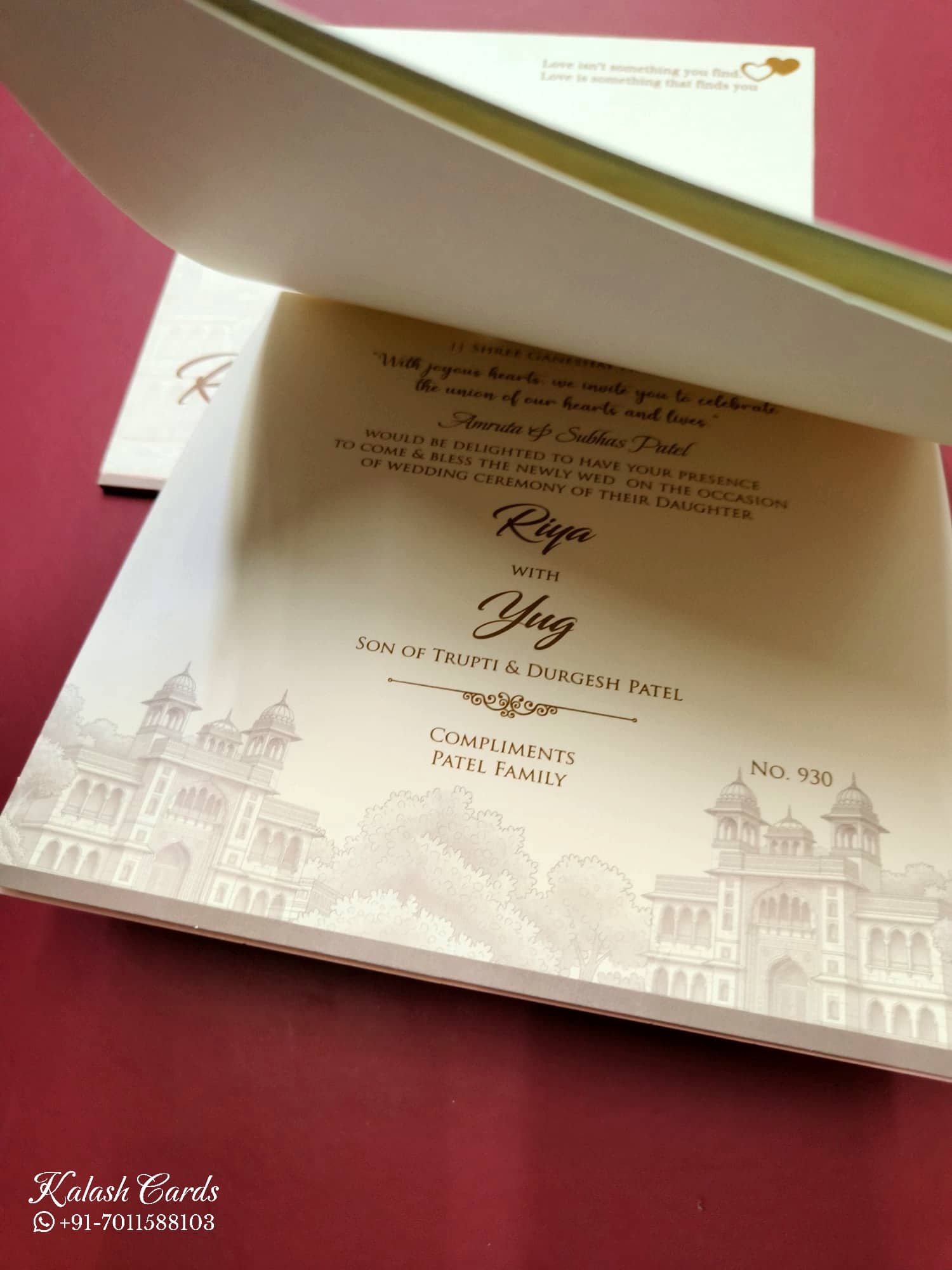 KLB736 Dulha Dulhan Royal Fort Design Creme Color Semi Box Wedding Card (2 Page & Couple Name Acrylic)