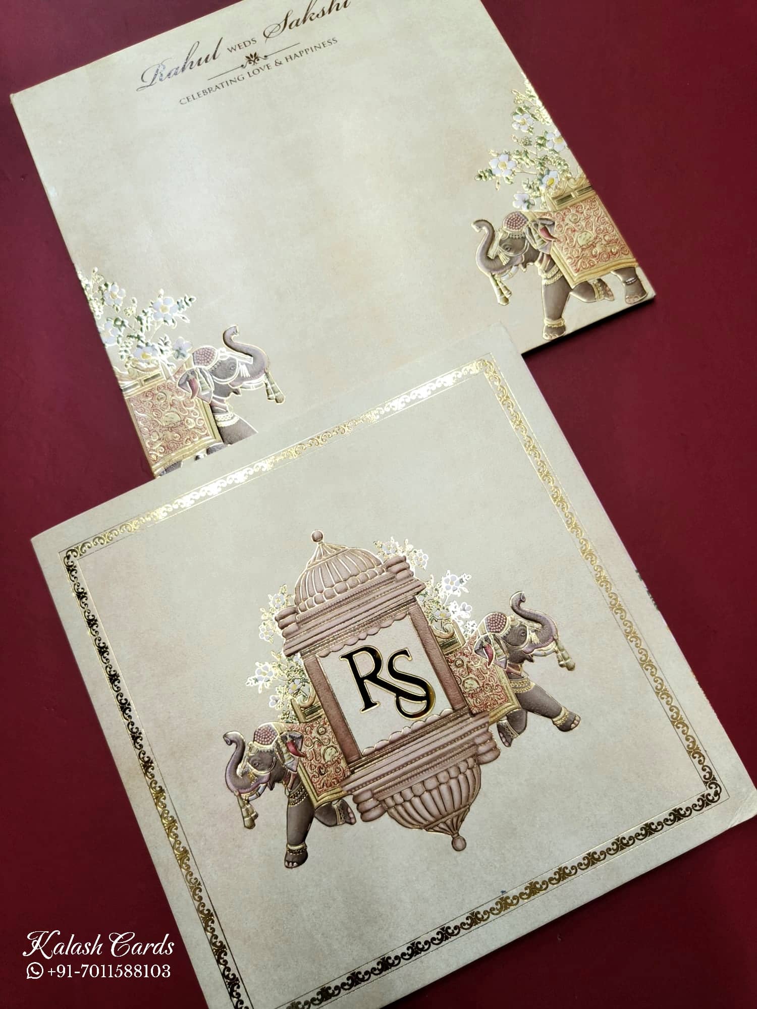 KLB737 Elephant Design Creme Color Semi Box Wedding Card (2 Page & Couple Initial Acrylic)