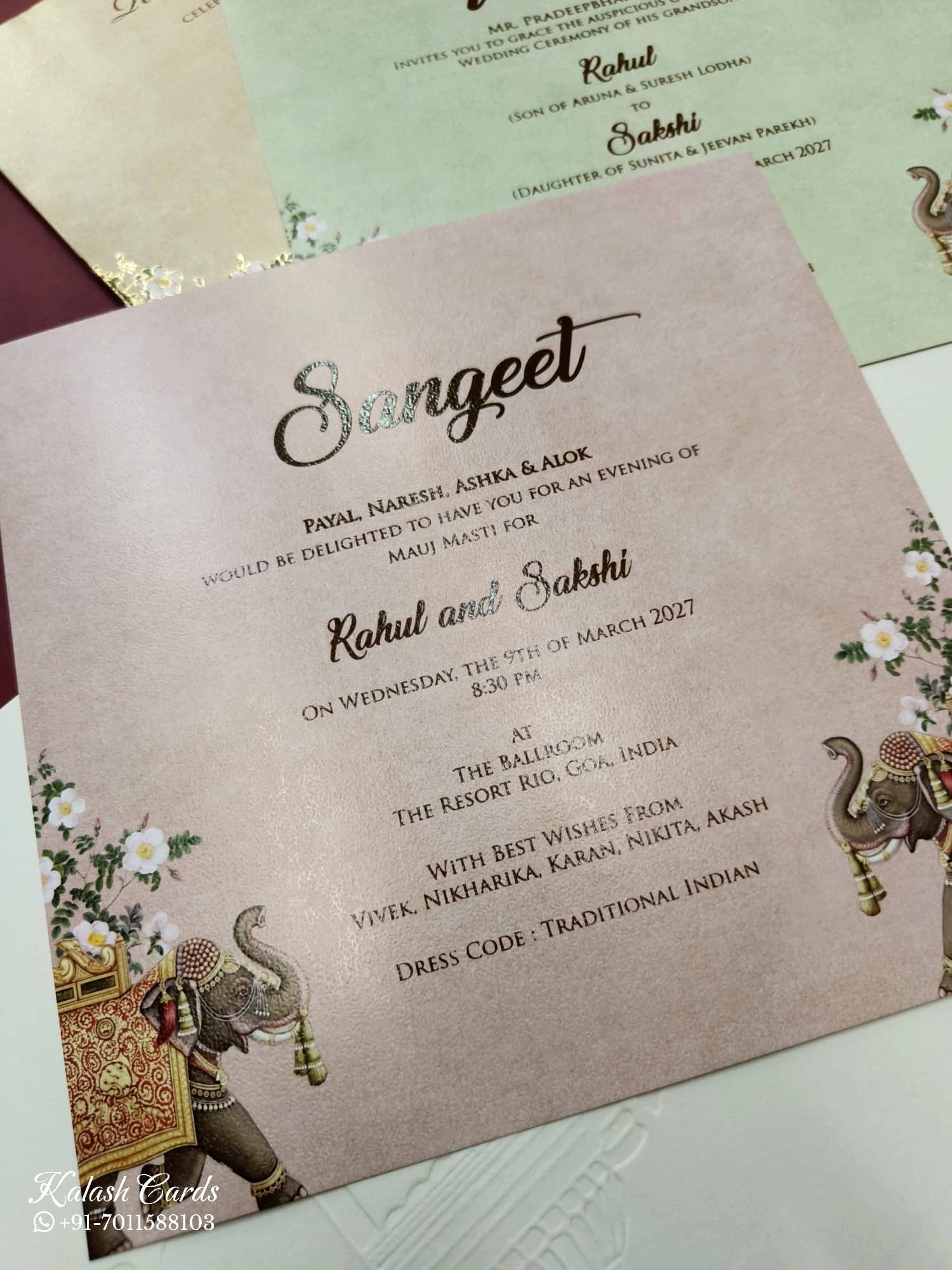 KLB737 Elephant Design Creme Color Semi Box Wedding Card (2 Page & Couple Initial Acrylic)