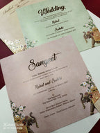 KLB737 Elephant Design Creme Color Semi Box Wedding Card (2 Page & Couple Initial Acrylic)