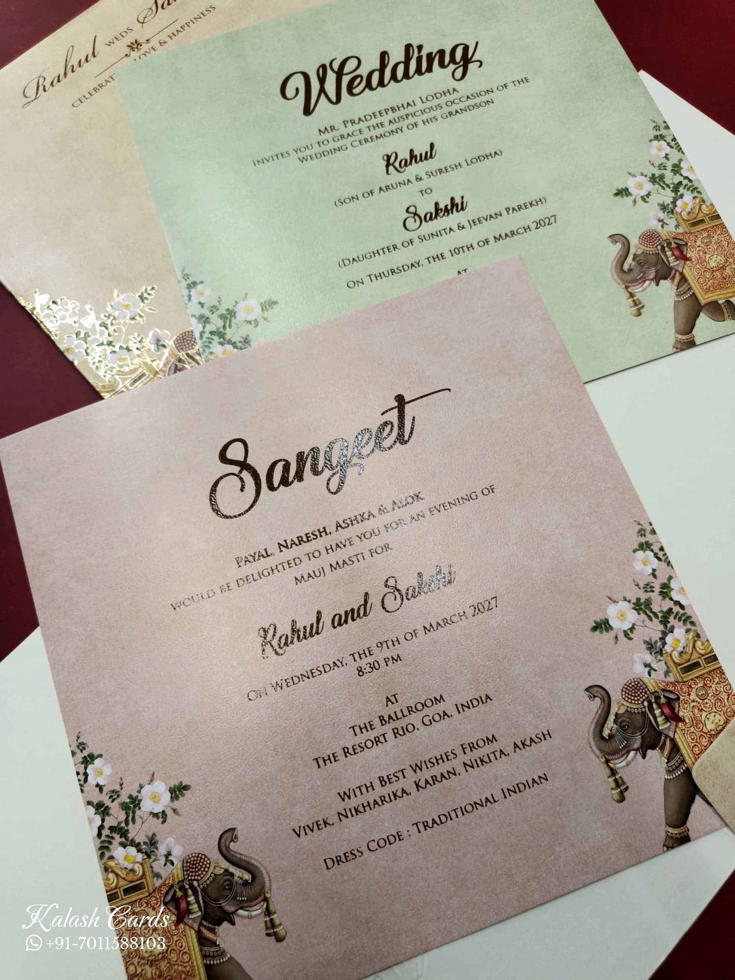 KLB737 Elephant Design Creme Color Semi Box Wedding Card (2 Page & Couple Initial Acrylic)