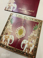KLB738 Elephant Design Maroon Color Double Door Style Semi Box Wedding Card (2 Page & Couple Name Acrylic)