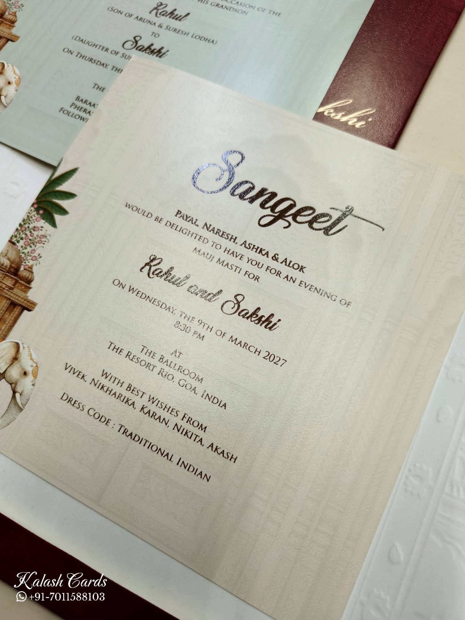 KLB738 Elephant Design Maroon Color Double Door Style Semi Box Wedding Card (2 Page & Couple Name Acrylic)