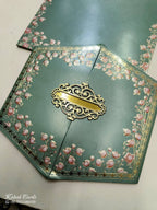 KLB739 Lotus Floral Design Green Color Double Door Style Semi Box Wedding Card (2 Page & Couple Name Acrylic)