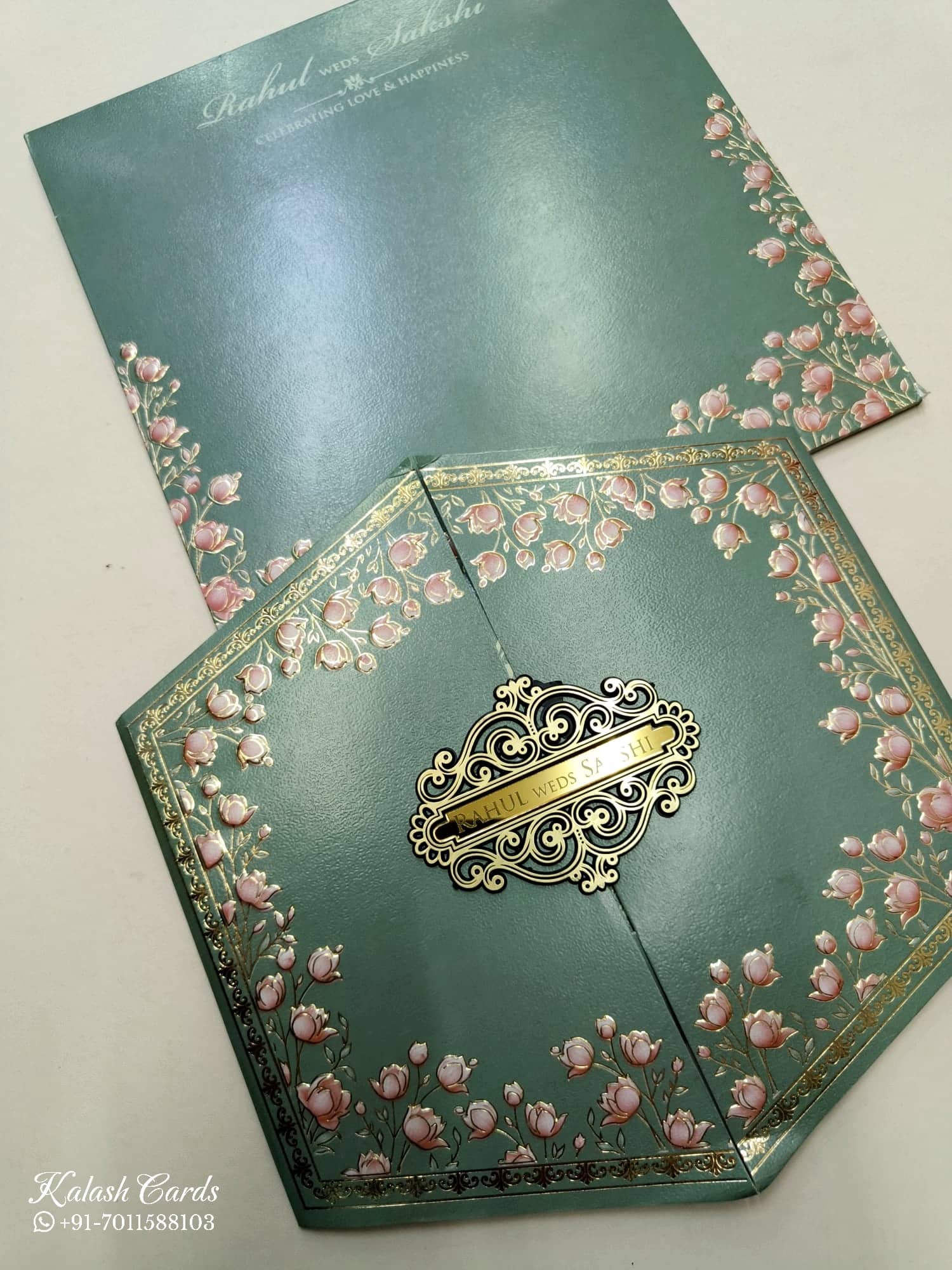 KLB739 Lotus Floral Design Green Color Double Door Style Semi Box Wedding Card (2 Page & Couple Name Acrylic)