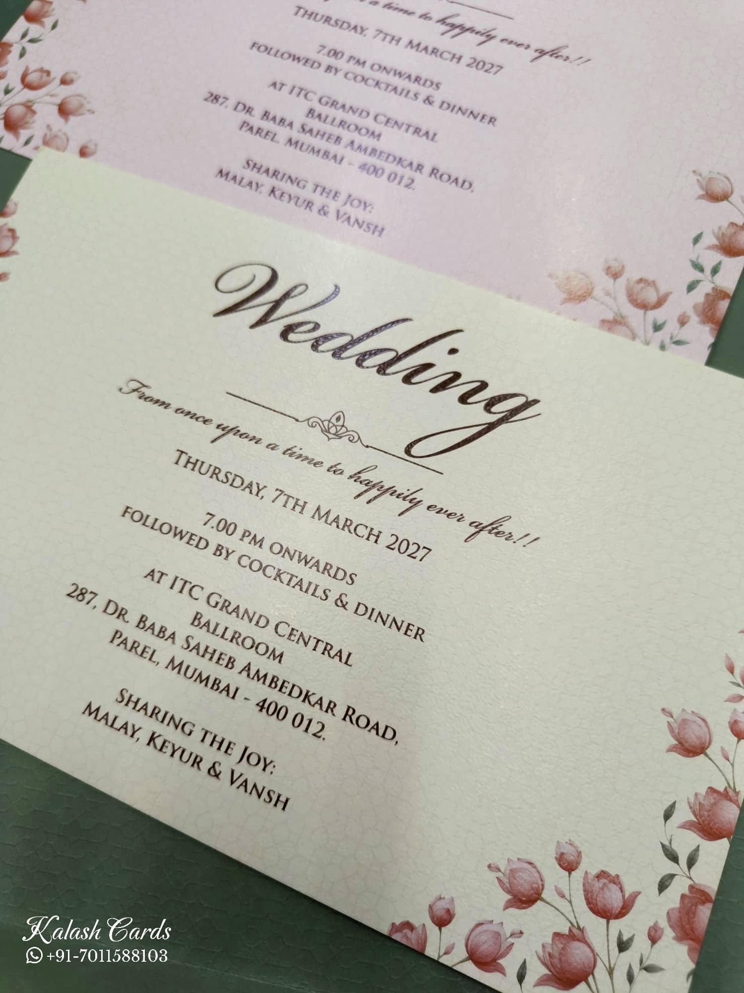 KLB739 Lotus Floral Design Green Color Double Door Style Semi Box Wedding Card (2 Page & Couple Name Acrylic)