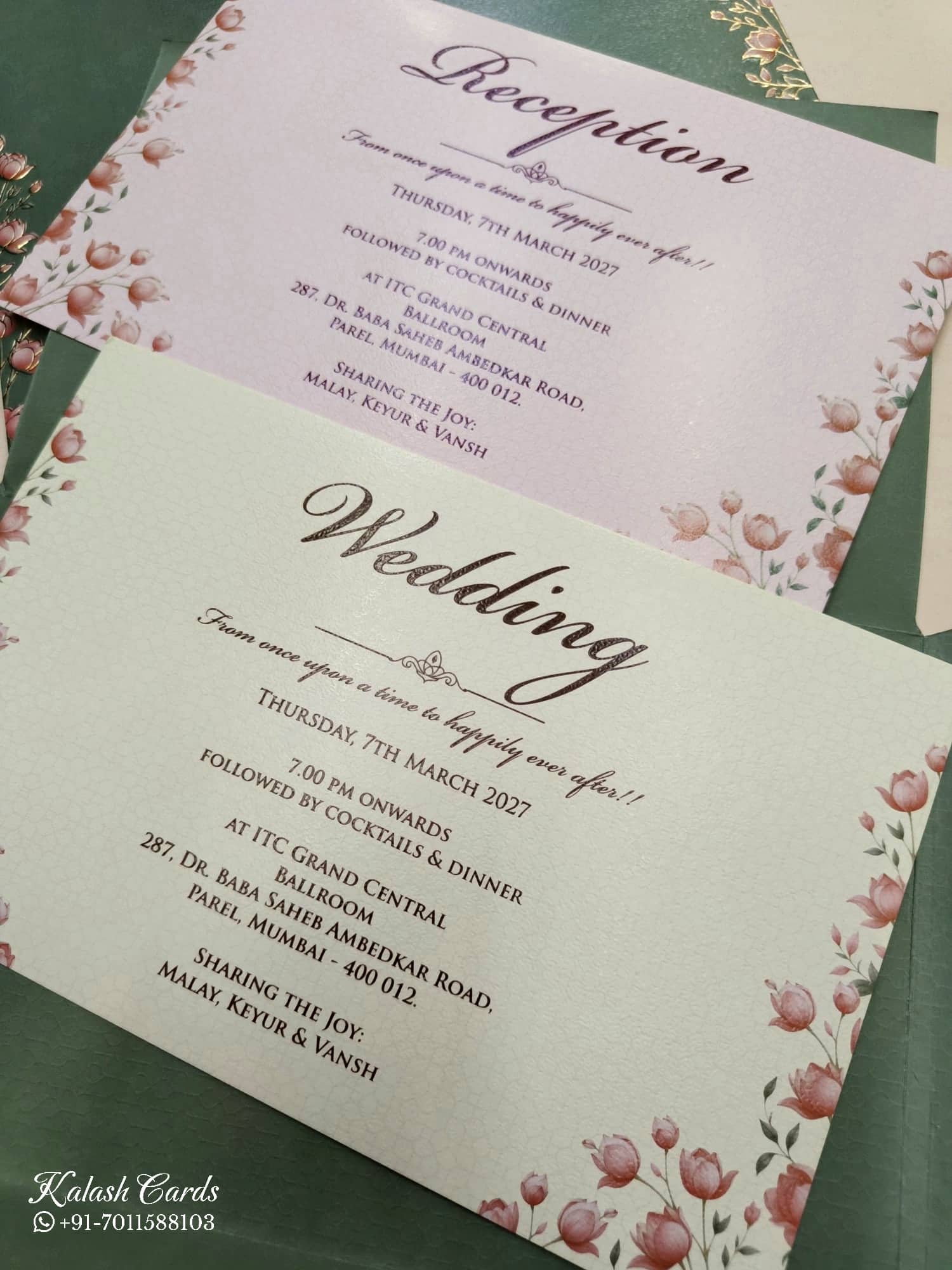 KLB739 Lotus Floral Design Green Color Double Door Style Semi Box Wedding Card (2 Page & Couple Name Acrylic)